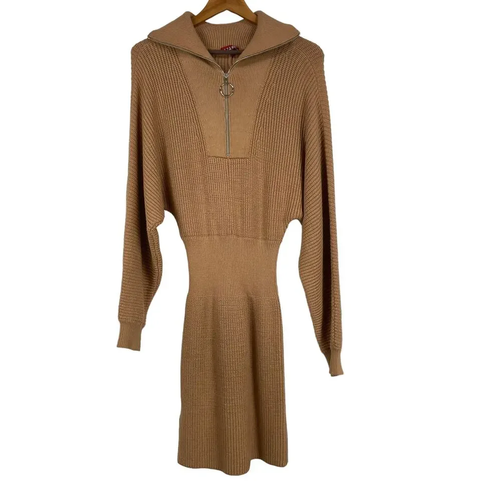 Staud Kirby Ribbed Knit Fitted Sweater Dress Size S Camel Brown Long Sleeve - Picture 3 of 13